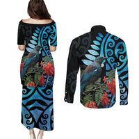 Tui Bird Kakabeak New Zealand Couples Matching Puletasi and Long Sleeve Button Shirt Clianthus Galaxy Maori Koru Pattern LT22 - Polynesian Pride