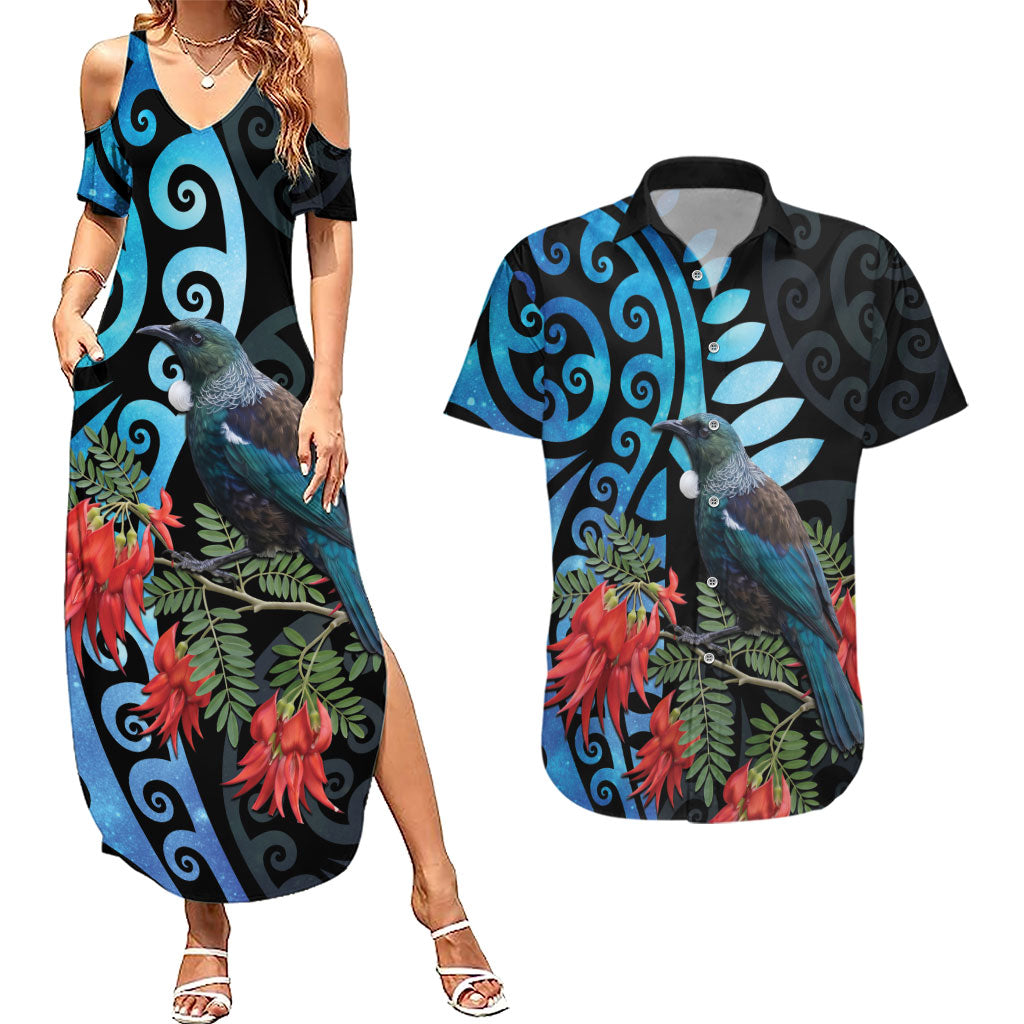 Tui Bird Kakabeak New Zealand Couples Matching Summer Maxi Dress and Hawaiian Shirt Clianthus Galaxy Maori Koru Pattern