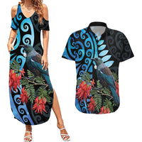 Tui Bird Kakabeak New Zealand Couples Matching Summer Maxi Dress and Hawaiian Shirt Clianthus Galaxy Maori Koru Pattern