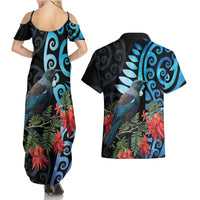 Tui Bird Kakabeak New Zealand Couples Matching Summer Maxi Dress and Hawaiian Shirt Clianthus Galaxy Maori Koru Pattern