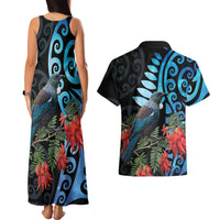 Tui Bird Kakabeak New Zealand Couples Matching Tank Maxi Dress and Hawaiian Shirt Clianthus Galaxy Maori Koru Pattern