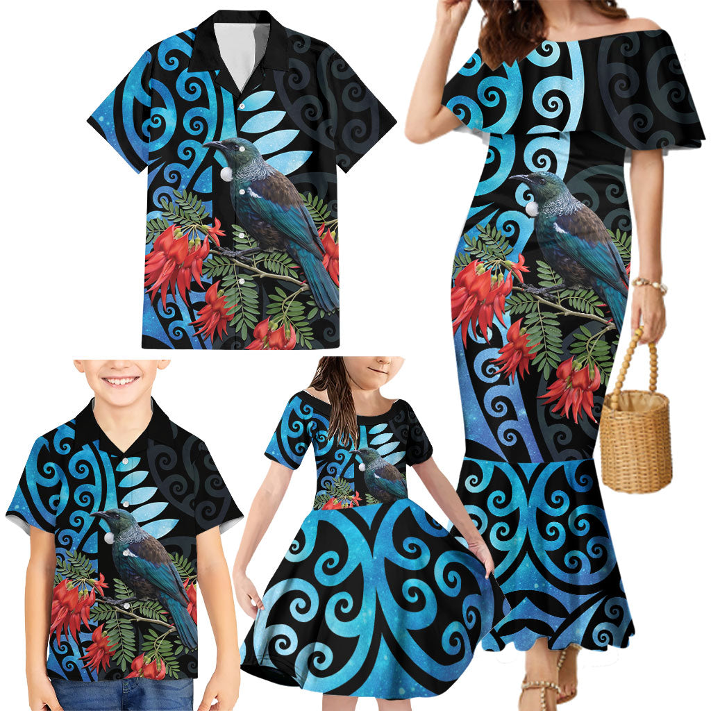 Tui Bird Kakabeak New Zealand Family Matching Mermaid Dress and Hawaiian Shirt Clianthus Galaxy Maori Koru Pattern