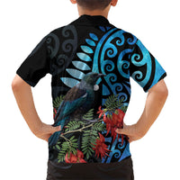 Tui Bird Kakabeak New Zealand Family Matching Off The Shoulder Long Sleeve Dress and Hawaiian Shirt Clianthus Galaxy Maori Koru Pattern