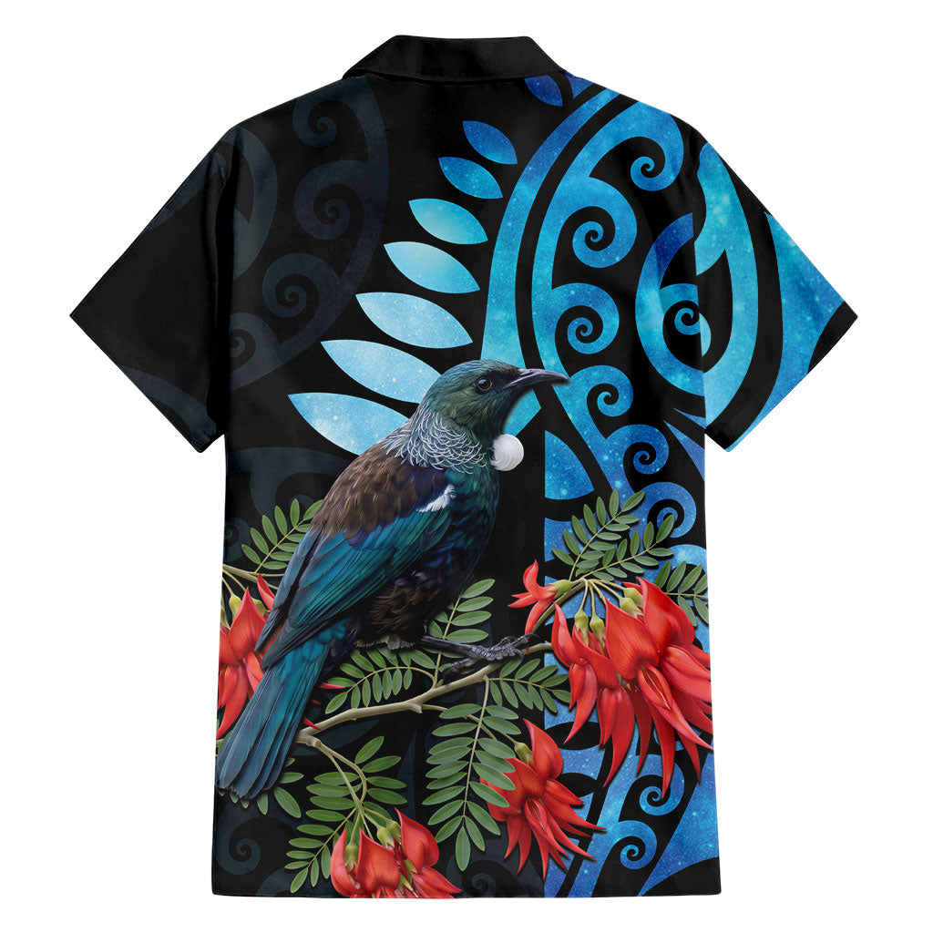 Tui Bird Kakabeak New Zealand Family Matching Off The Shoulder Long Sleeve Dress and Hawaiian Shirt Clianthus Galaxy Maori Koru Pattern