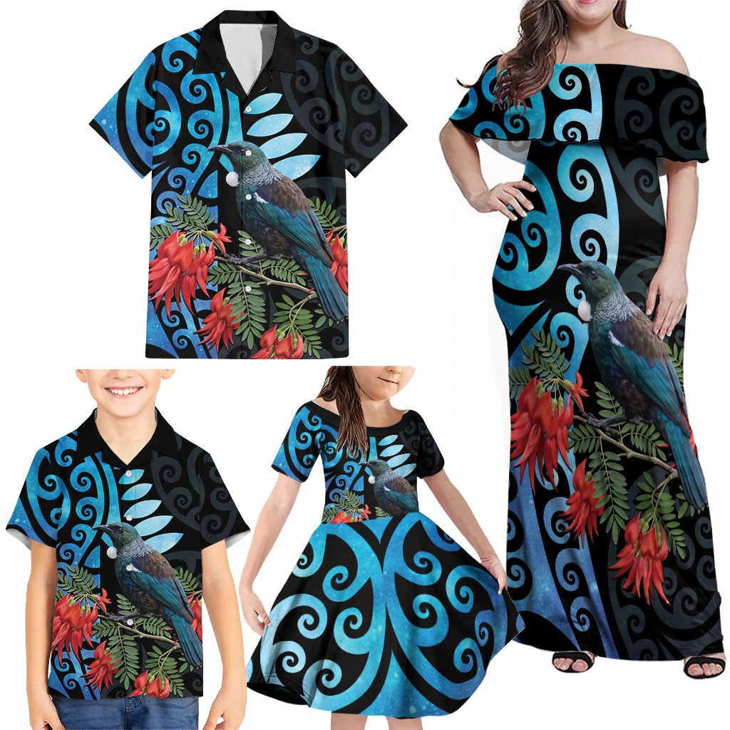 Tui Bird Kakabeak New Zealand Family Matching Off Shoulder Maxi Dress and Hawaiian Shirt Clianthus Galaxy Maori Koru Pattern