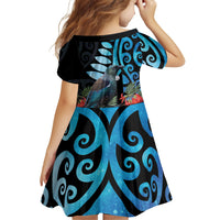 Tui Bird Kakabeak New Zealand Family Matching Off Shoulder Short Dress and Hawaiian Shirt Clianthus Galaxy Maori Koru Pattern