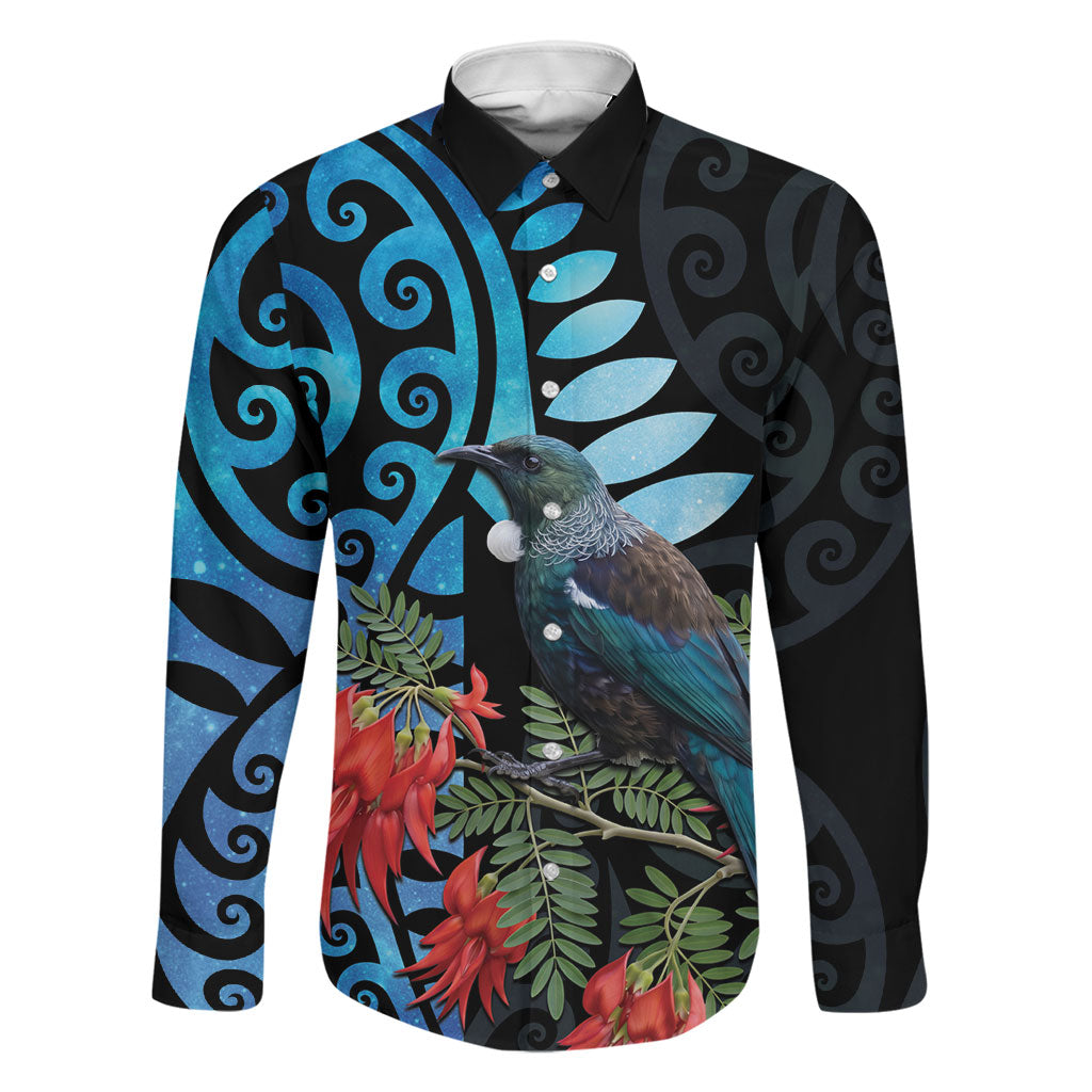 Tui Bird Kakabeak New Zealand Family Matching Off Shoulder Short Dress and Hawaiian Shirt Clianthus Galaxy Maori Koru Pattern
