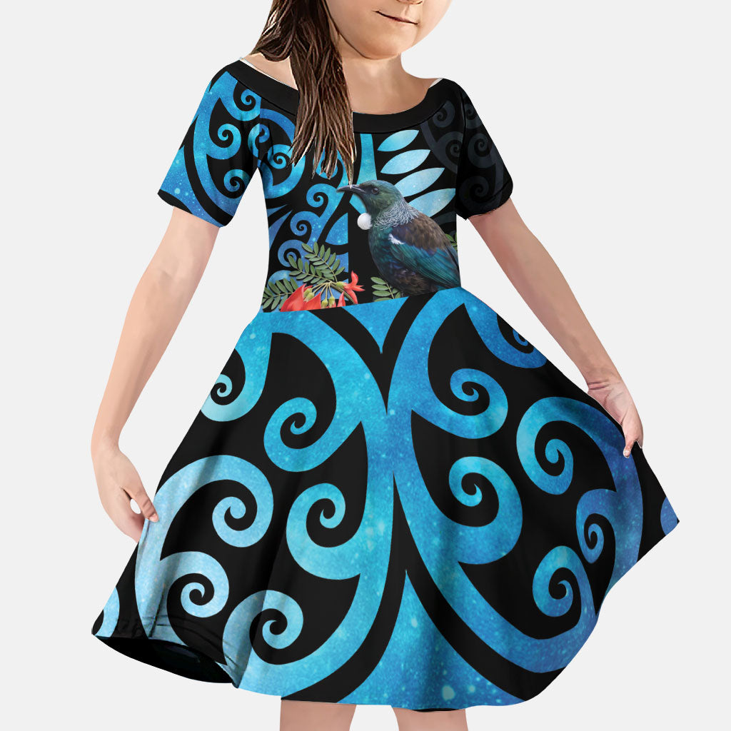 Tui Bird Kakabeak New Zealand Family Matching Short Sleeve Bodycon Dress and Hawaiian Shirt Clianthus Galaxy Maori Koru Pattern