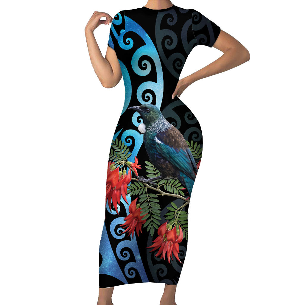 Tui Bird Kakabeak New Zealand Family Matching Short Sleeve Bodycon Dress and Hawaiian Shirt Clianthus Galaxy Maori Koru Pattern