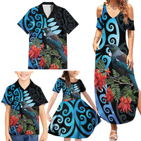 Tui Bird Kakabeak New Zealand Family Matching Summer Maxi Dress and Hawaiian Shirt Clianthus Galaxy Maori Koru Pattern