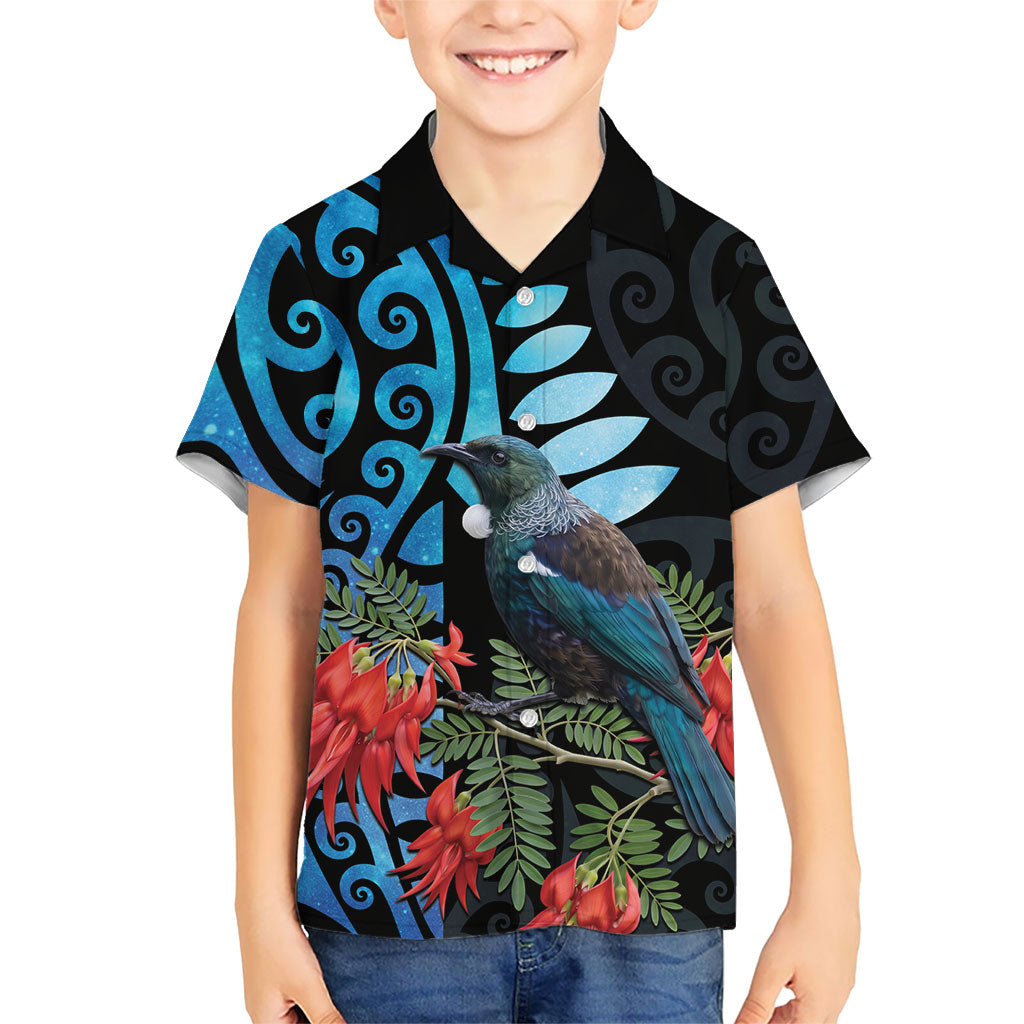 Tui Bird Kakabeak New Zealand Kid Hawaiian Shirt Clianthus Galaxy Maori Koru Pattern