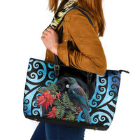 Tui Bird Kakabeak New Zealand Leather Tote Bag Clianthus Galaxy Maori Koru Pattern LT22 Blue - Polynesian Pride