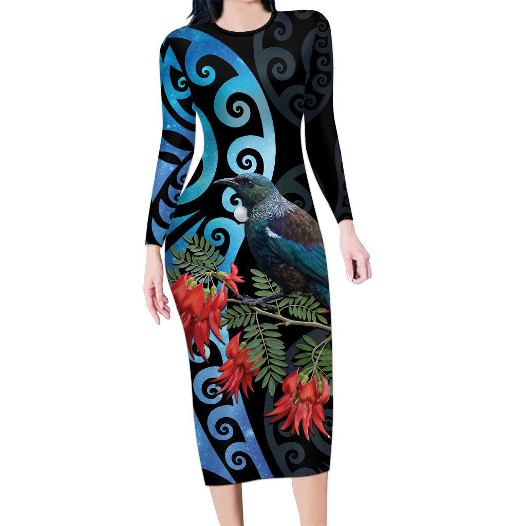 Tui Bird Kakabeak New Zealand Long Sleeve Bodycon Dress Clianthus Galaxy Maori Koru Pattern