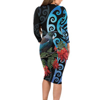 Tui Bird Kakabeak New Zealand Long Sleeve Bodycon Dress Clianthus Galaxy Maori Koru Pattern