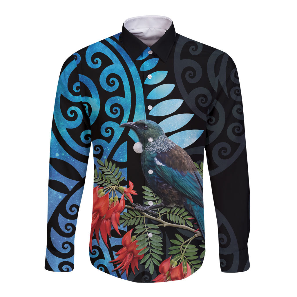 Tui Bird Kakabeak New Zealand Long Sleeve Button Shirt Clianthus Galaxy Maori Koru Pattern