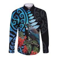 Tui Bird Kakabeak New Zealand Long Sleeve Button Shirt Clianthus Galaxy Maori Koru Pattern