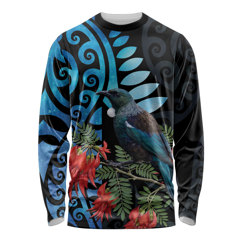 Tui Bird Kakabeak New Zealand Long Sleeve Shirt Clianthus Galaxy Maori Koru Pattern