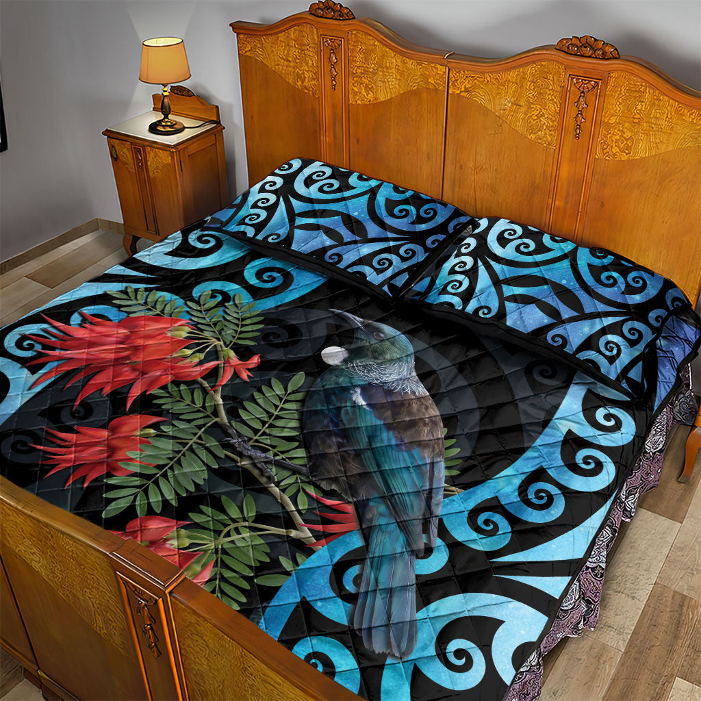 Tui Bird Kakabeak New Zealand Quilt Bed Set Clianthus Galaxy Maori Koru Pattern