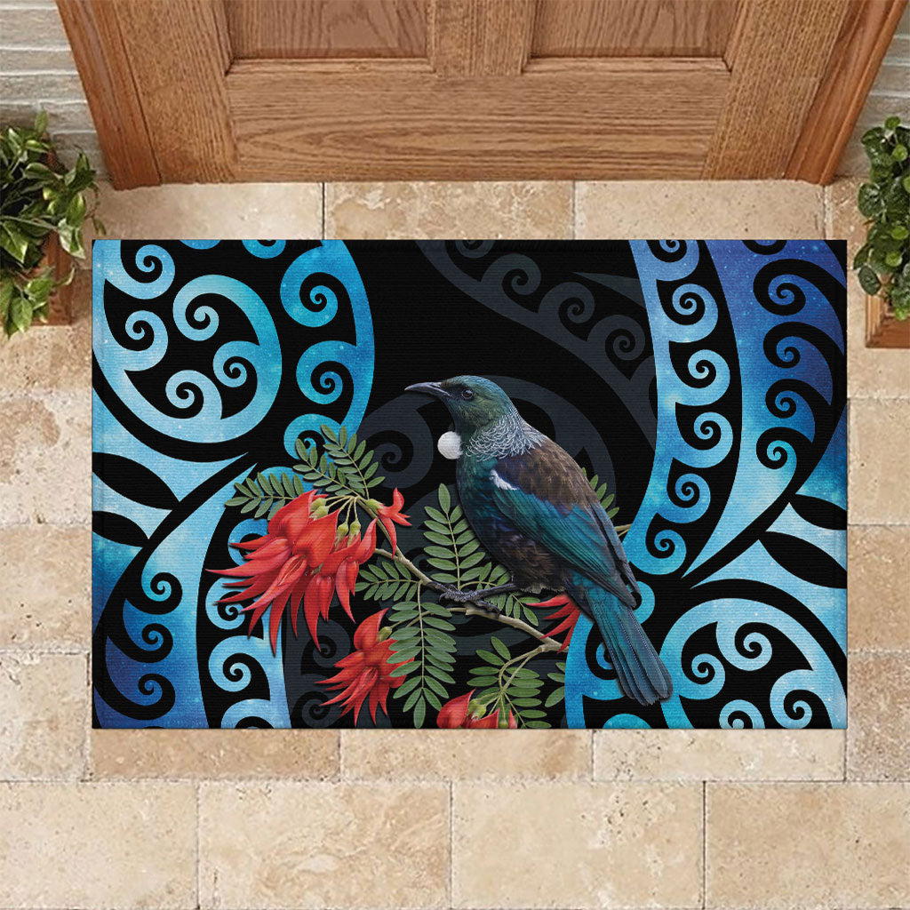 Tui Bird Kakabeak New Zealand Rubber Doormat Clianthus Galaxy Maori Koru Pattern