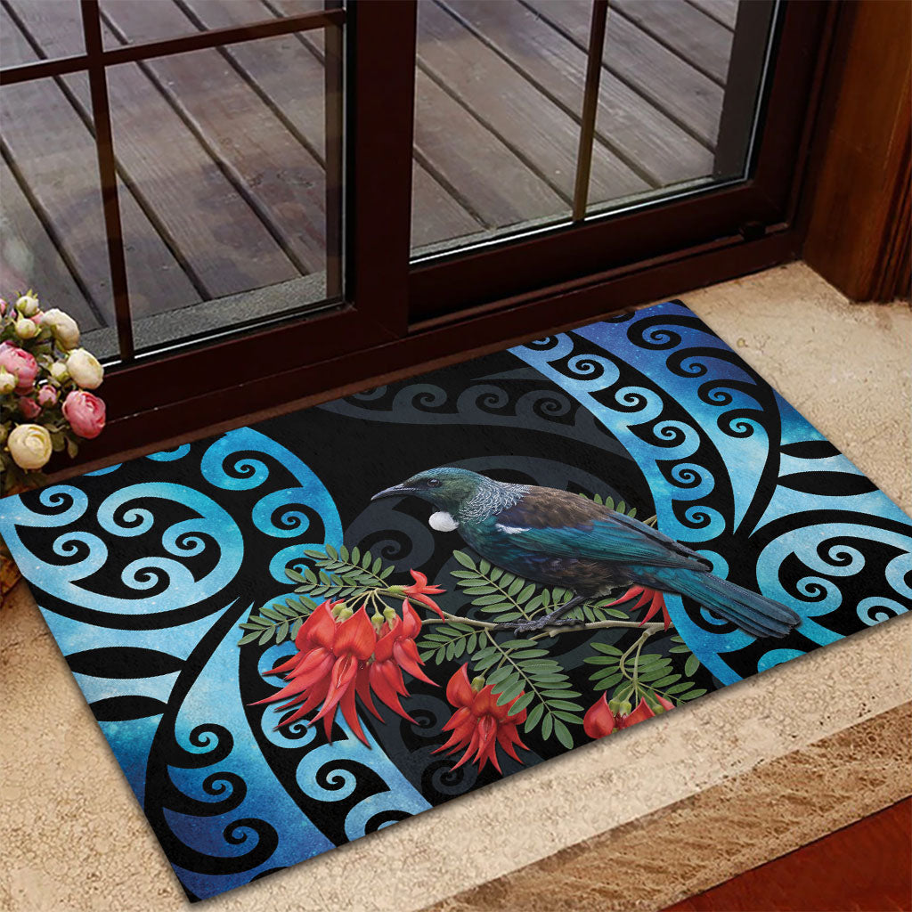 Tui Bird Kakabeak New Zealand Rubber Doormat Clianthus Galaxy Maori Koru Pattern