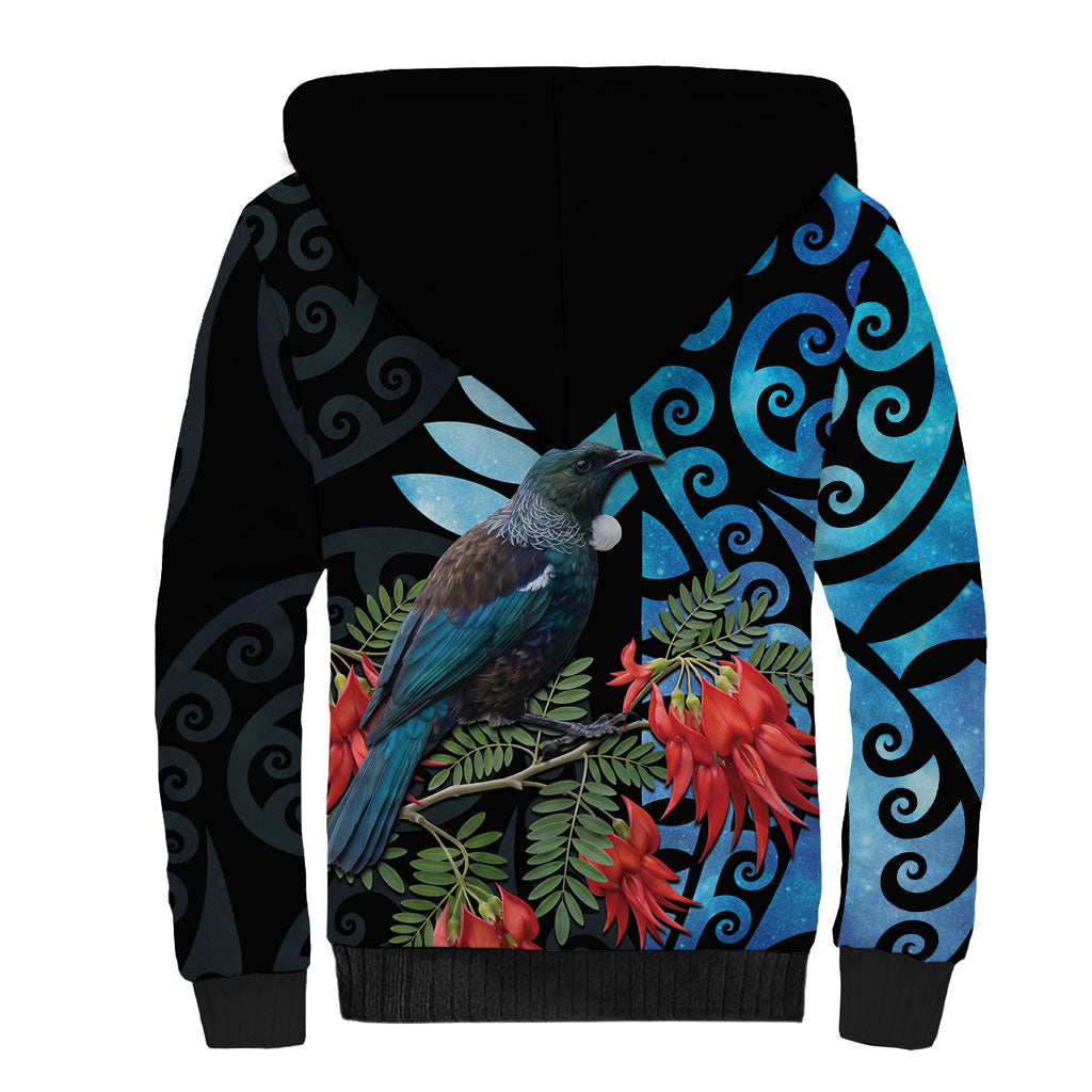 Tui Bird Kakabeak New Zealand Sherpa Hoodie Clianthus Galaxy Maori Koru Pattern