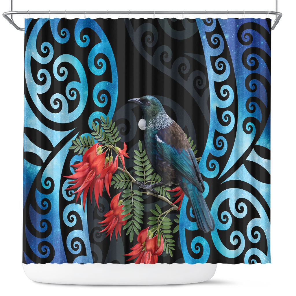 Tui Bird Kakabeak New Zealand Shower Curtain Clianthus Galaxy Maori Koru Pattern