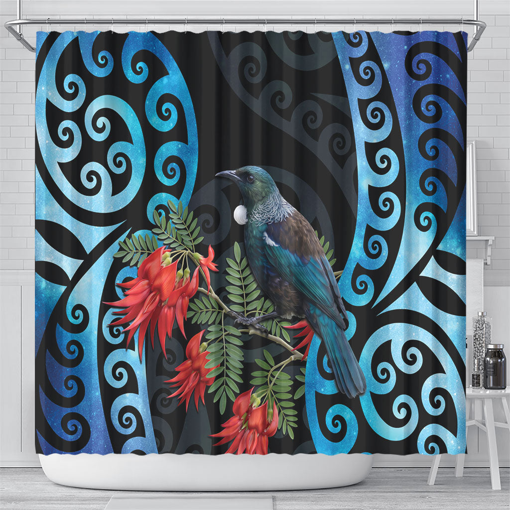 Tui Bird Kakabeak New Zealand Shower Curtain Clianthus Galaxy Maori Koru Pattern