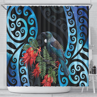 Tui Bird Kakabeak New Zealand Shower Curtain Clianthus Galaxy Maori Koru Pattern