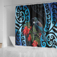 Tui Bird Kakabeak New Zealand Shower Curtain Clianthus Galaxy Maori Koru Pattern