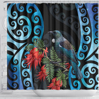 Tui Bird Kakabeak New Zealand Shower Curtain Clianthus Galaxy Maori Koru Pattern
