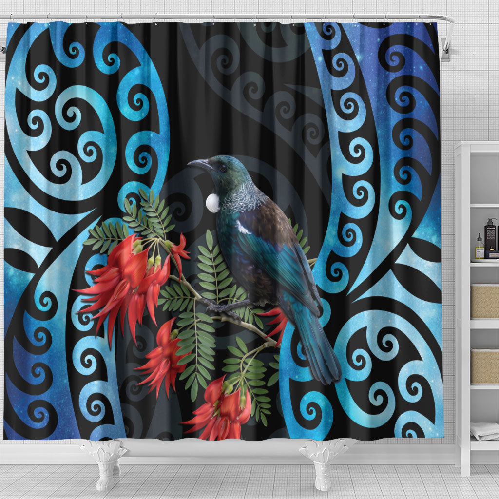 Tui Bird Kakabeak New Zealand Shower Curtain Clianthus Galaxy Maori Koru Pattern