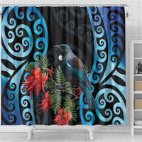 Tui Bird Kakabeak New Zealand Shower Curtain Clianthus Galaxy Maori Koru Pattern