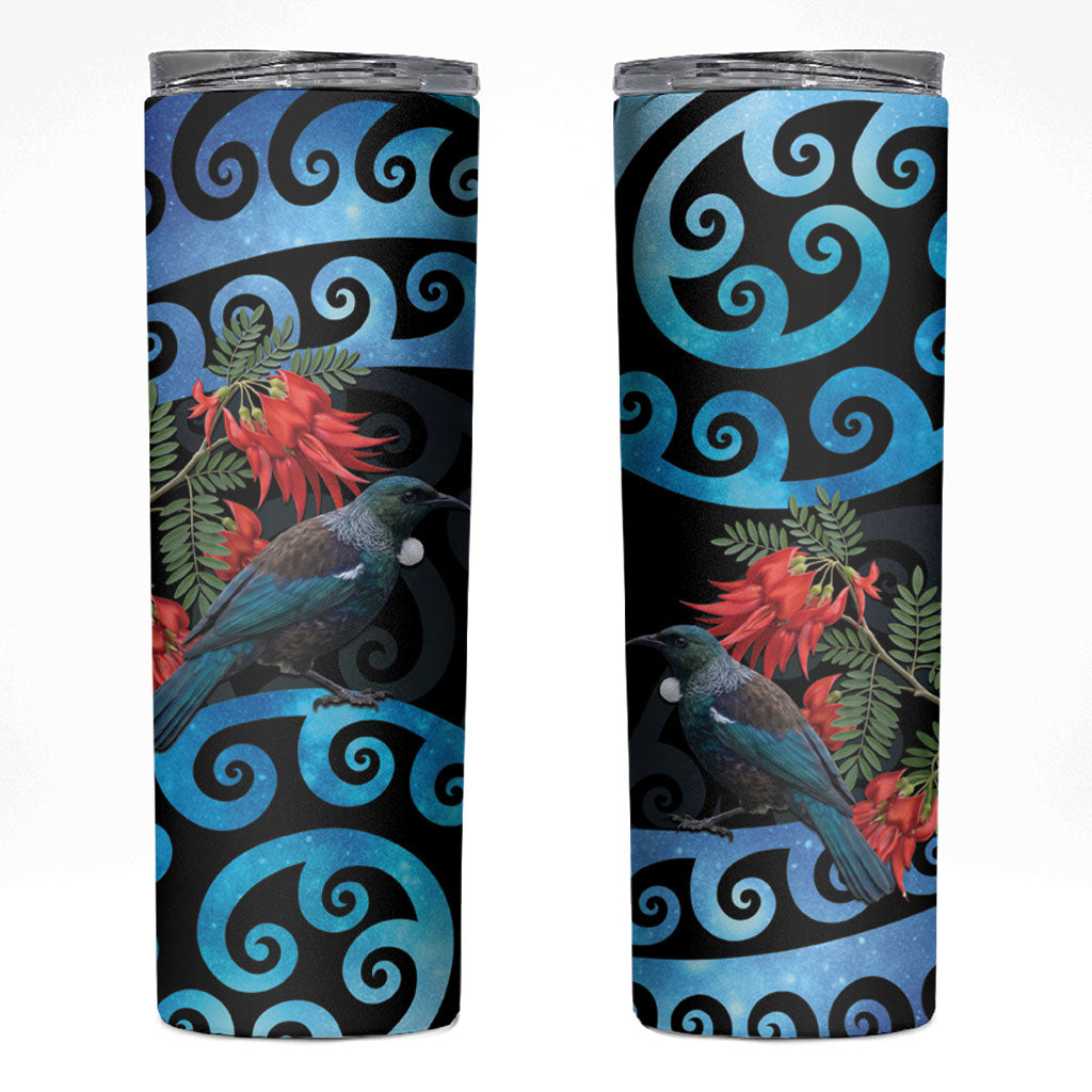 Tui Bird Kakabeak New Zealand Skinny Tumbler Clianthus Galaxy Maori Koru Pattern LT22 Blue - Polynesian Pride