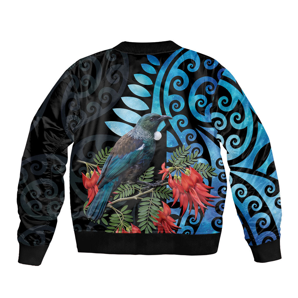 Tui Bird Kakabeak New Zealand Sleeve Zip Bomber Jacket Clianthus Galaxy Maori Koru Pattern LT22 - Polynesian Pride