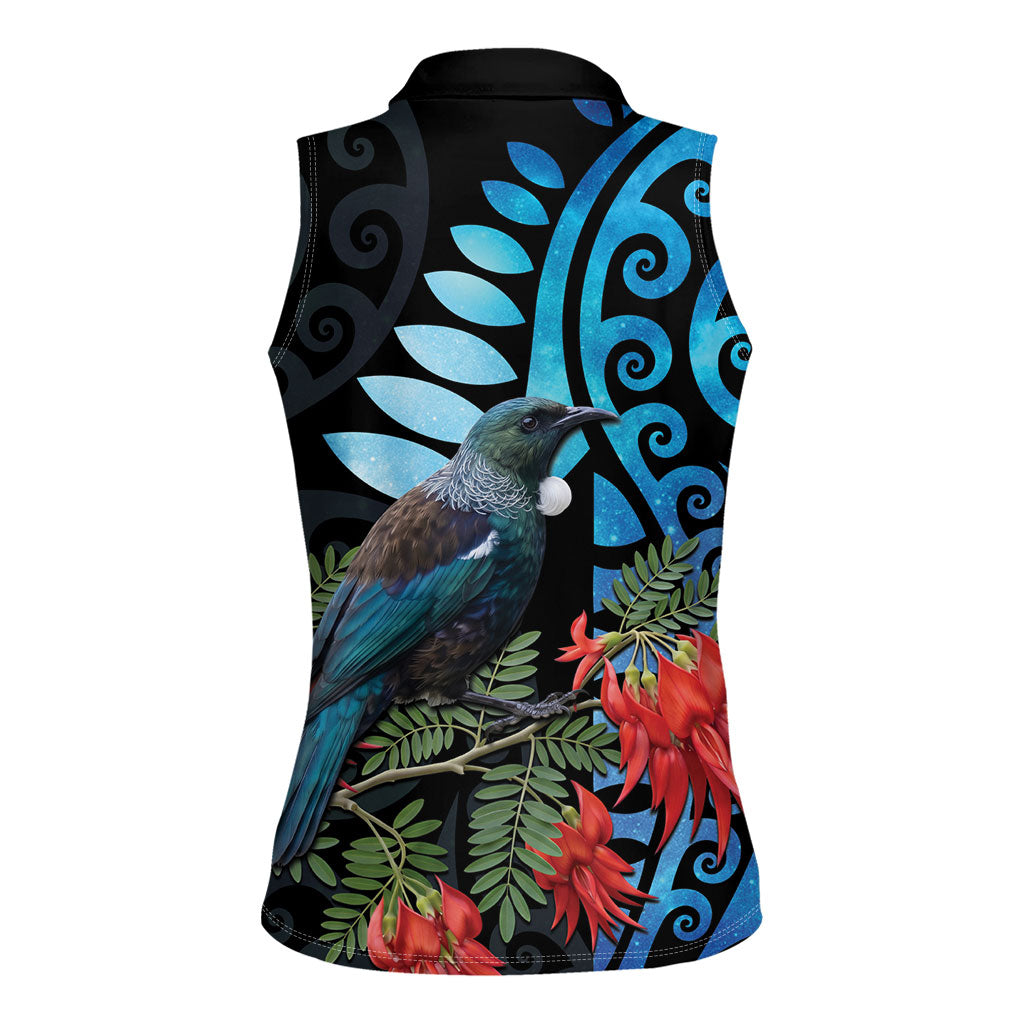 Tui Bird Kakabeak New Zealand Women Sleeveless Polo Shirt Clianthus Galaxy Maori Koru Pattern