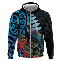 Tui Bird Kakabeak New Zealand Zip Hoodie Clianthus Galaxy Maori Koru Pattern LT22 Zip Hoodie Blue - Polynesian Pride