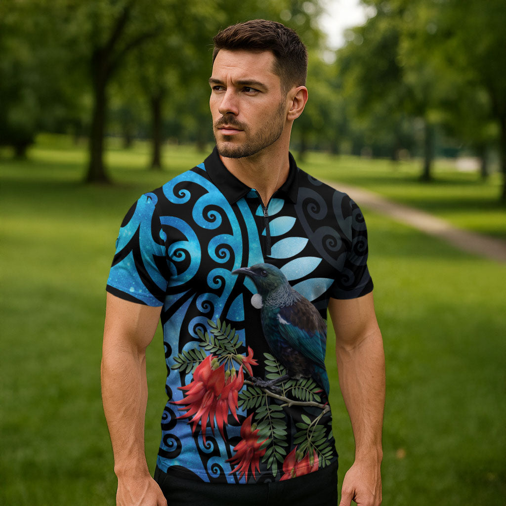 Tui Bird Kakabeak New Zealand Zipper Polo Shirt Clianthus Galaxy Maori Koru Pattern