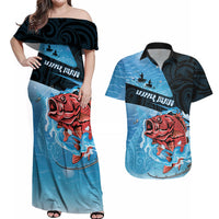 Personalised Snapper Fishing New Zealand Couples Matching Off Shoulder Maxi Dress and Hawaiian Shirt Tamure Fish Hook Maori Pattern