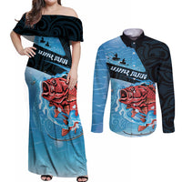 Personalised Snapper Fishing New Zealand Couples Matching Off Shoulder Maxi Dress and Long Sleeve Button Shirt Tamure Fish Hook Maori Pattern