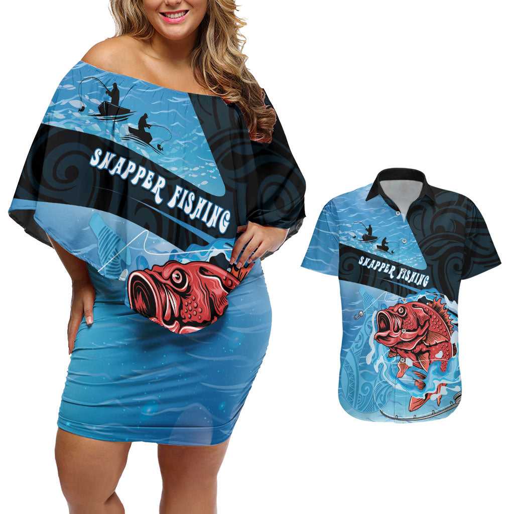 Personalised Snapper Fishing New Zealand Couples Matching Off Shoulder Short Dress and Hawaiian Shirt Tamure Fish Hook Maori Pattern