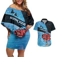 Personalised Snapper Fishing New Zealand Couples Matching Off Shoulder Short Dress and Hawaiian Shirt Tamure Fish Hook Maori Pattern
