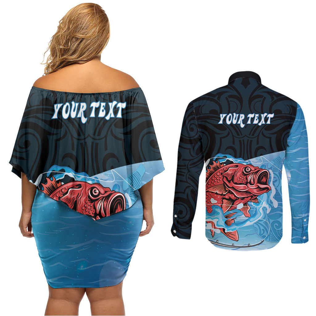 Personalised Snapper Fishing New Zealand Couples Matching Off Shoulder Short Dress and Long Sleeve Button Shirt Tamure Fish Hook Maori Pattern