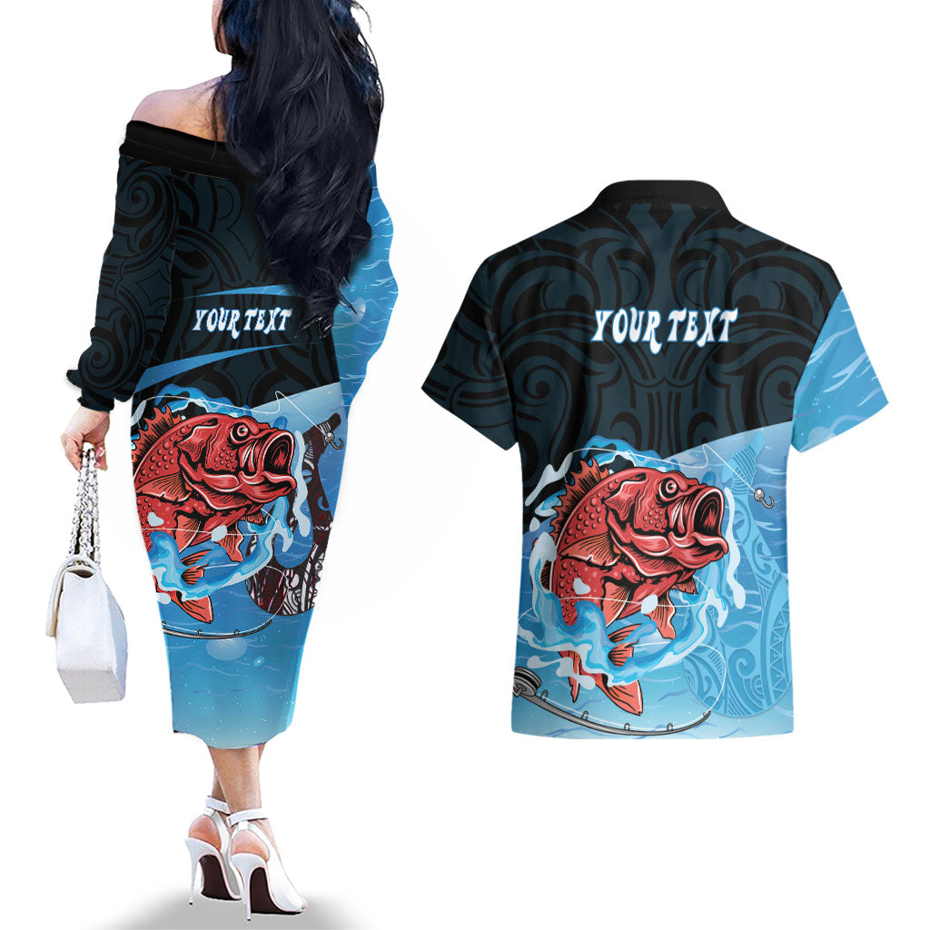 Personalised Snapper Fishing New Zealand Couples Matching Off The Shoulder Long Sleeve Dress and Hawaiian Shirt Tamure Fish Hook Maori Pattern
