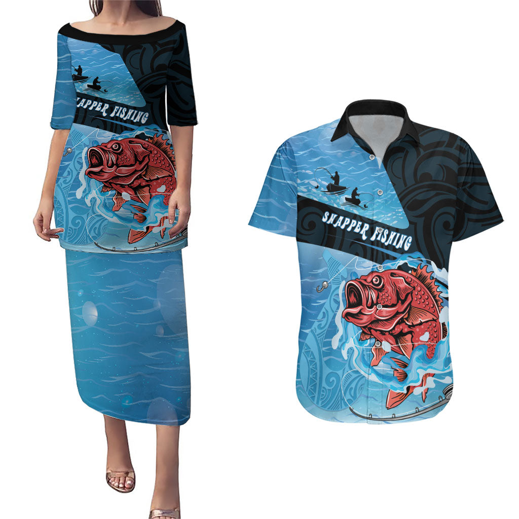 Personalised Snapper Fishing New Zealand Couples Matching Puletasi and Hawaiian Shirt Tamure Fish Hook Maori Pattern