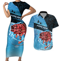 Personalised Snapper Fishing New Zealand Couples Matching Short Sleeve Bodycon Dress and Hawaiian Shirt Tamure Fish Hook Maori Pattern