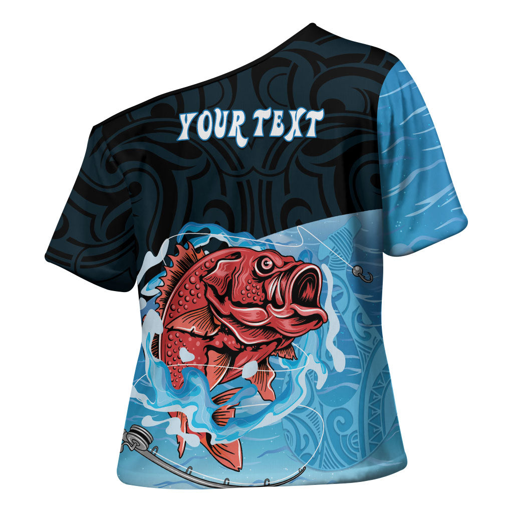 Personalised Snapper Fishing New Zealand Cross Shoulder Shirt Tamure Fish Hook Maori Pattern