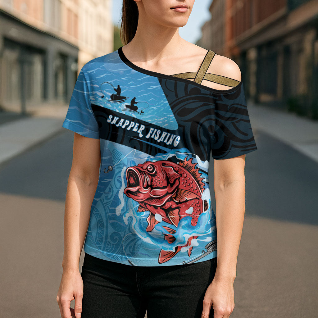 Personalised Snapper Fishing New Zealand Cross Shoulder Shirt Tamure Fish Hook Maori Pattern