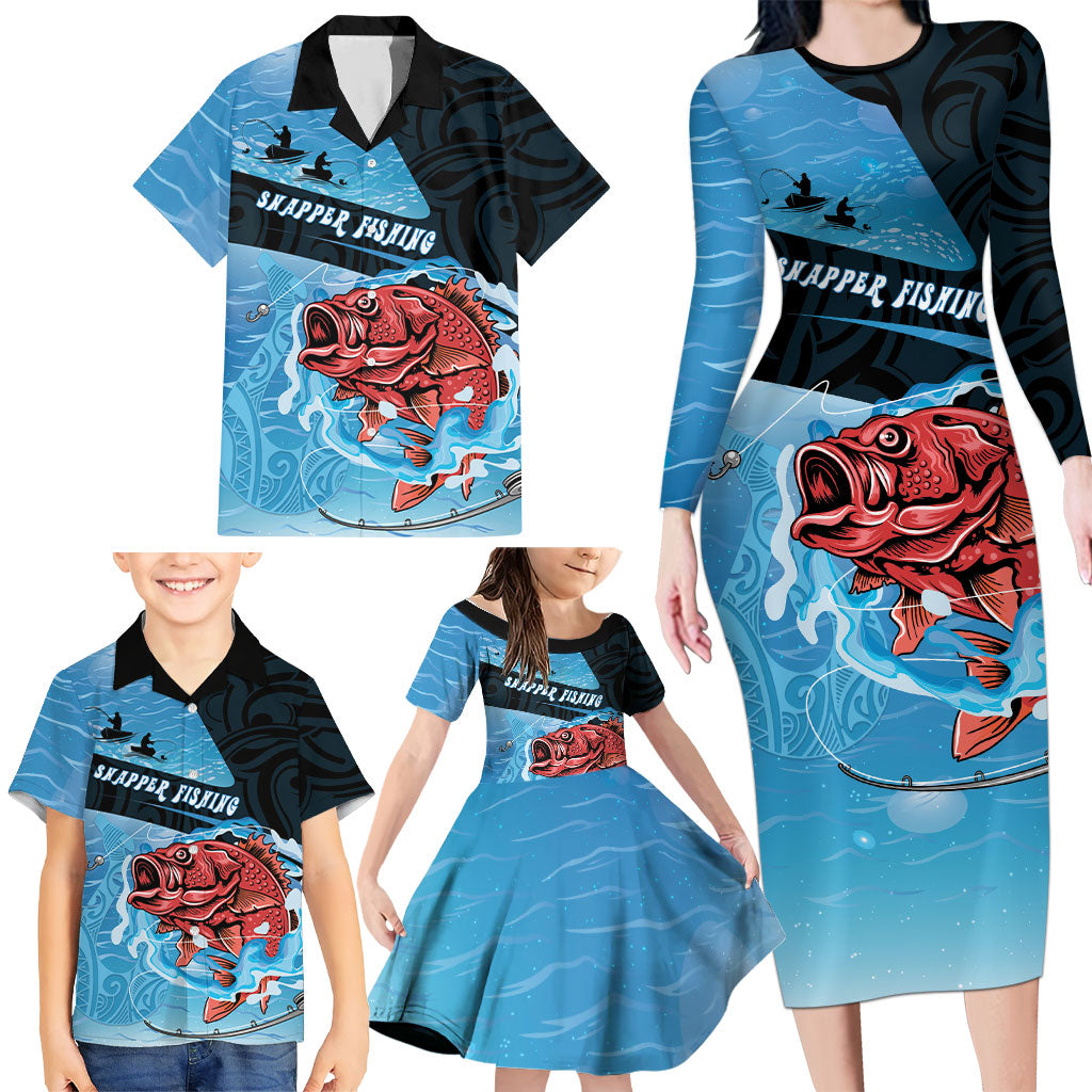 Personalised Snapper Fishing New Zealand Family Matching Long Sleeve Bodycon Dress and Hawaiian Shirt Tamure Fish Hook Maori Pattern