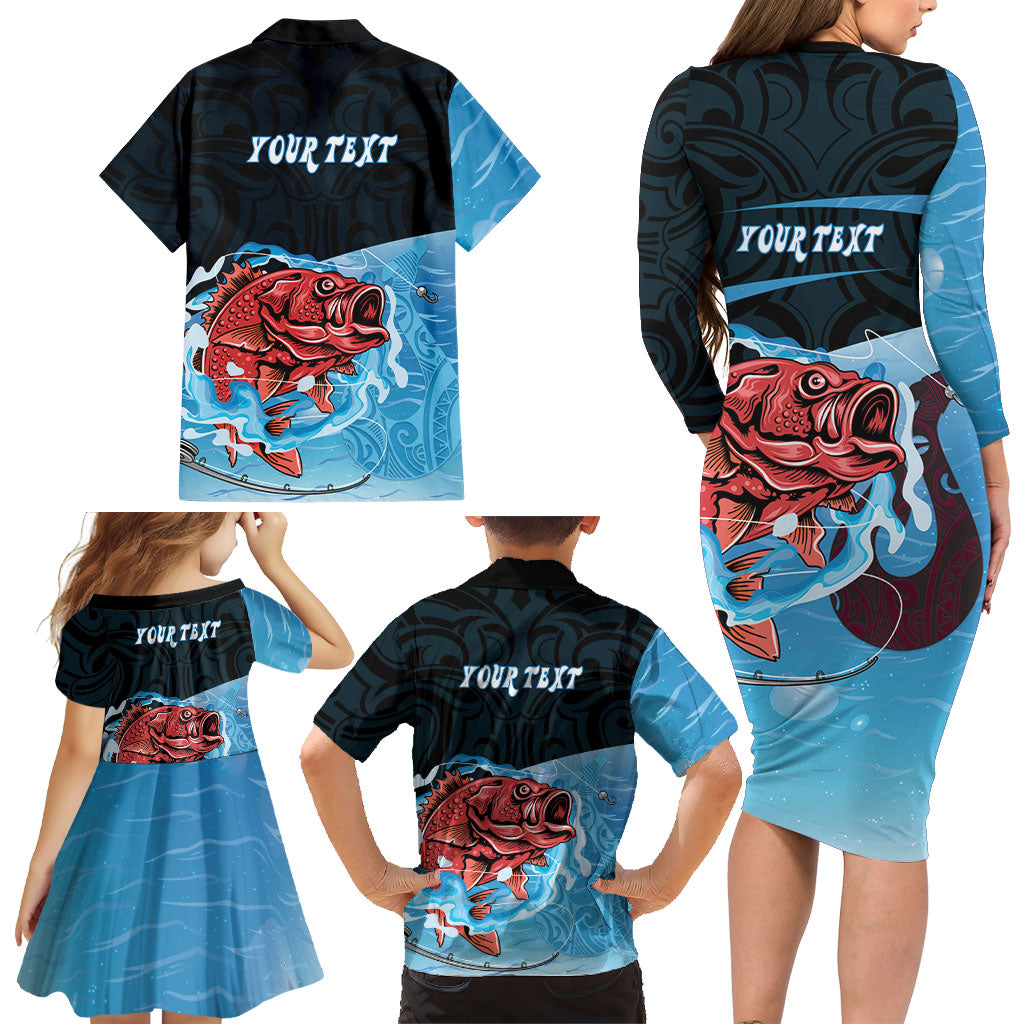 Personalised Snapper Fishing New Zealand Family Matching Long Sleeve Bodycon Dress and Hawaiian Shirt Tamure Fish Hook Maori Pattern