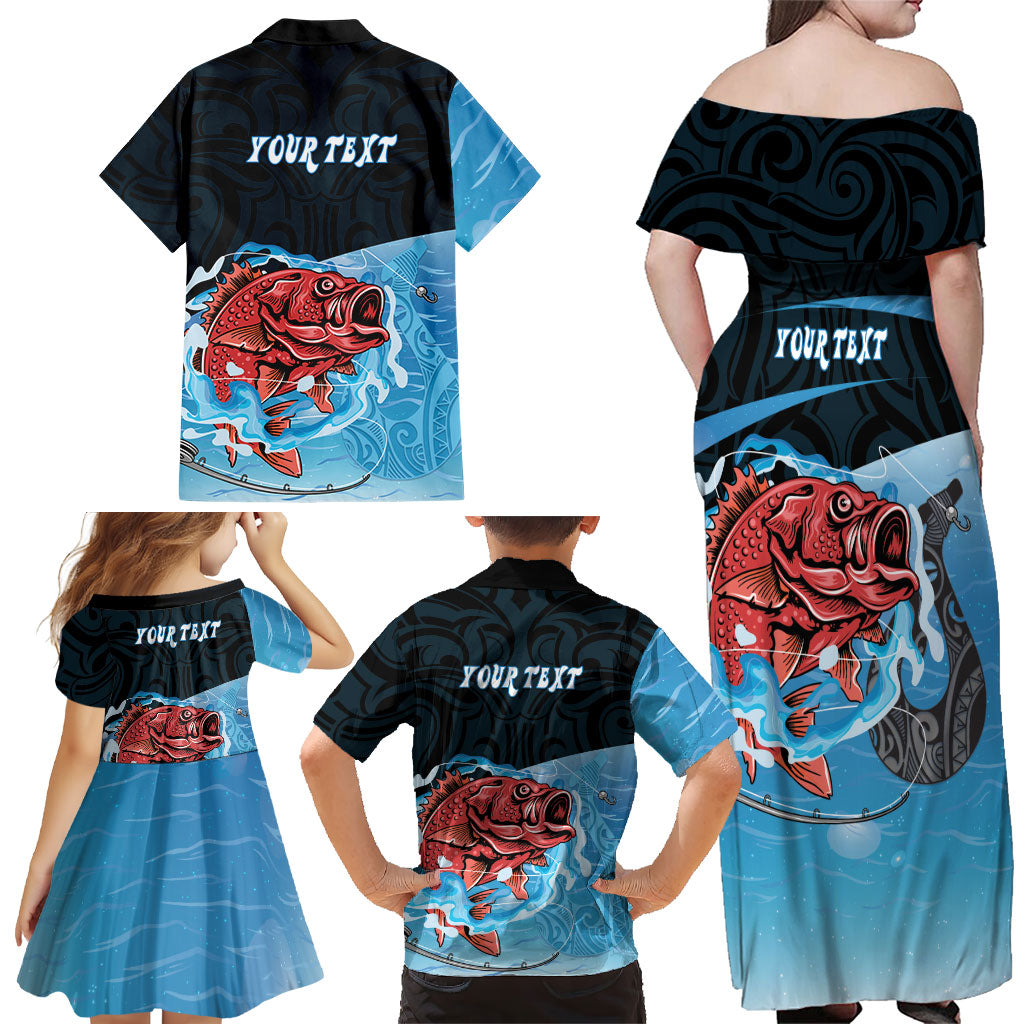 Personalised Snapper Fishing New Zealand Family Matching Off Shoulder Maxi Dress and Hawaiian Shirt Tamure Fish Hook Maori Pattern